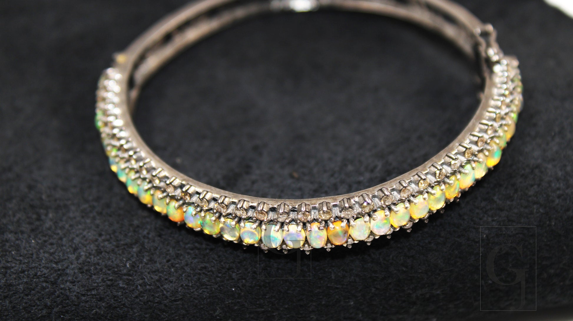 Beautiful Natural Opal Designer Bangle Rosecut Pave Diamond Bangle Bracelet 925 Sterling Silver Handmade Finish Diamond Bangle Bracelet