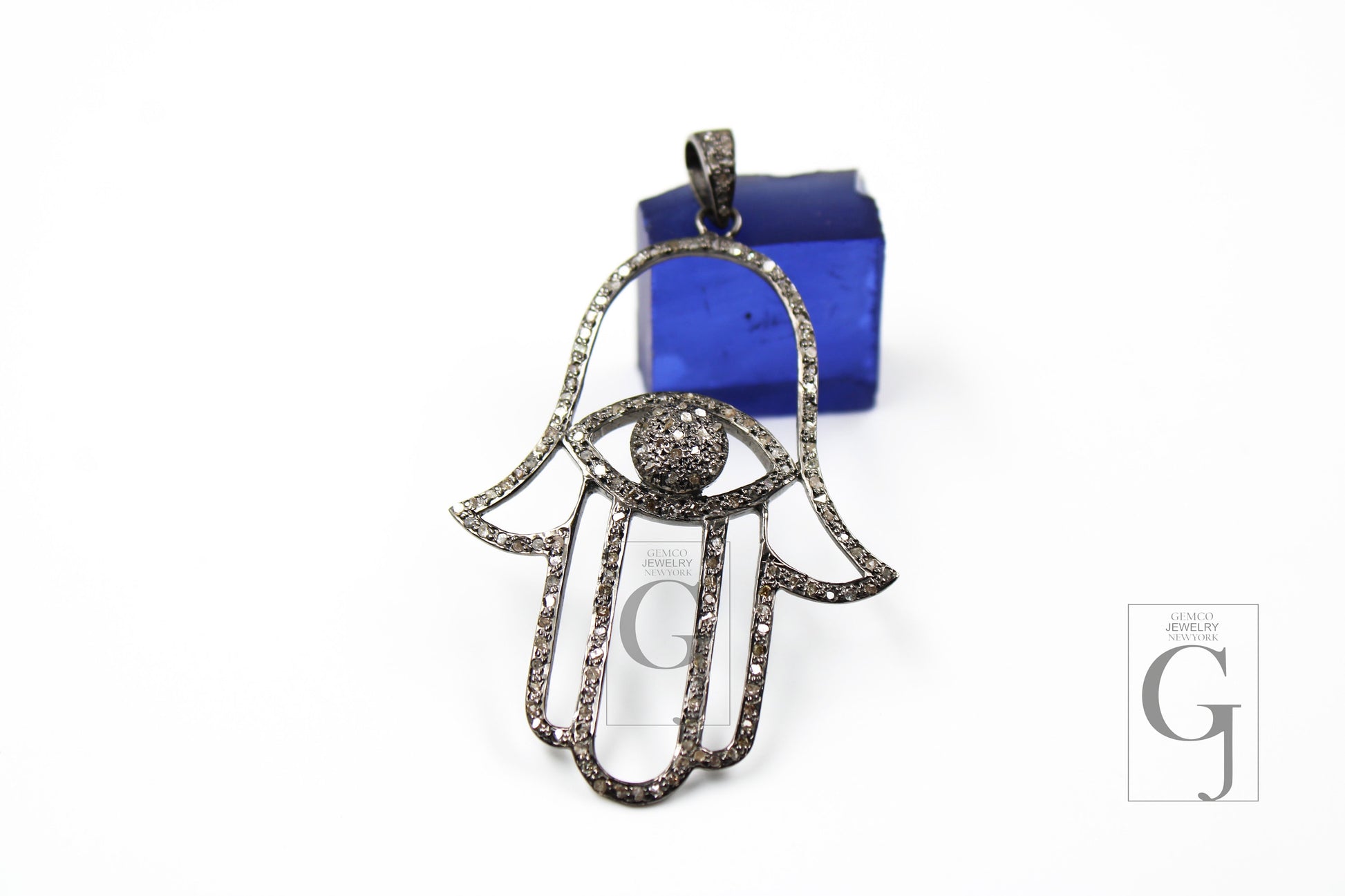Antique Look Oxidized Evil Eye Humsa Designer Rosecut Pave Diamond Pendant 925 Sterling Silver Handmade Finish Diamond Necklace Pendant