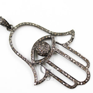 Antique Look Oxidized Evil Eye Humsa Designer Rosecut Pave Diamond Pendant 925 Sterling Silver Handmade Finish Diamond Necklace Pendant