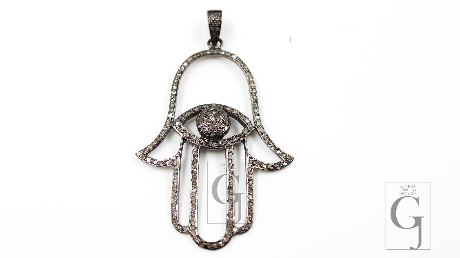 Antique Look Oxidized Evil Eye Humsa Designer Rosecut Pave Diamond Pendant 925 Sterling Silver Handmade Finish Diamond Necklace Pendant