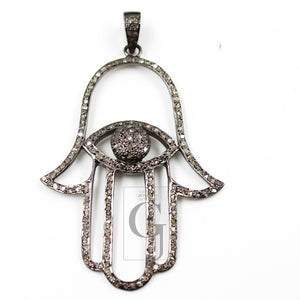 Antique Look Oxidized Evil Eye Humsa Designer Rosecut Pave Diamond Pendant 925 Sterling Silver Handmade Finish Diamond Necklace Pendant