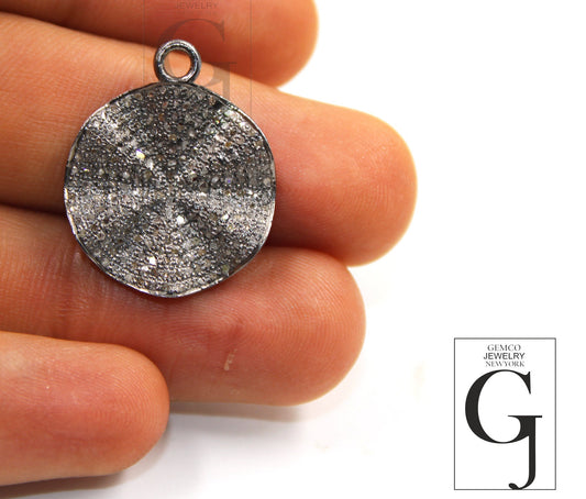 Very Antique look wavey coin designer Rosecut pave diamond pendant 925 sterling silver handmade finish diamond charms necklace pendant