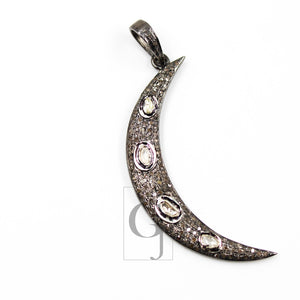 Slice Diamond Crescent Moon Designer Pendant Rosecut Pave Diamond Pendant 925 Sterling Silver Handmade Finish Diamond Charm Necklace Pendant