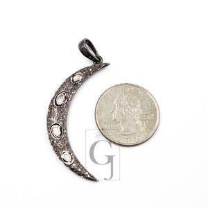 Slice Diamond Crescent Moon Designer Pendant Rosecut Pave Diamond Pendant 925 Sterling Silver Handmade Finish Diamond Charm Necklace Pendant