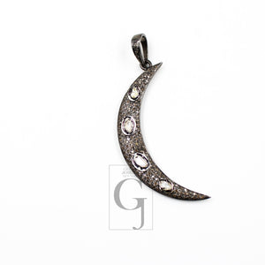 Slice Diamond Crescent Moon Designer Pendant Rosecut Pave Diamond Pendant 925 Sterling Silver Handmade Finish Diamond Charm Necklace Pendant