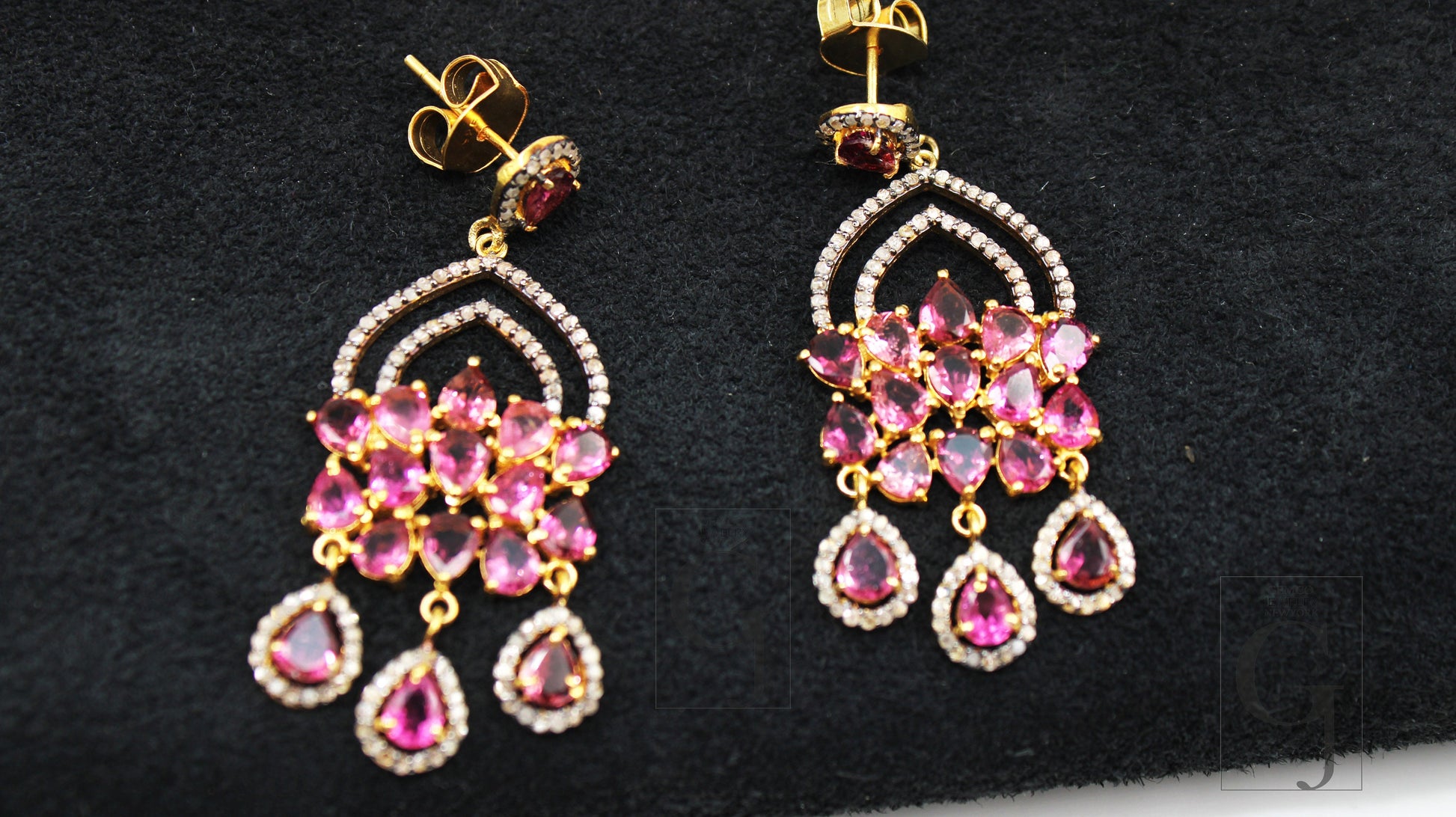 Beautiful 14k Tourmaline/Rubellite Designer Earring Rosecut Pave Diamond Earrings 925 Sterling Silver Handmade Silver Finish Diamond Earring