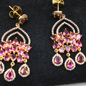 Beautiful 14k Tourmaline/Rubellite Designer Earring Rosecut Pave Diamond Earrings 925 Sterling Silver Handmade Silver Finish Diamond Earring