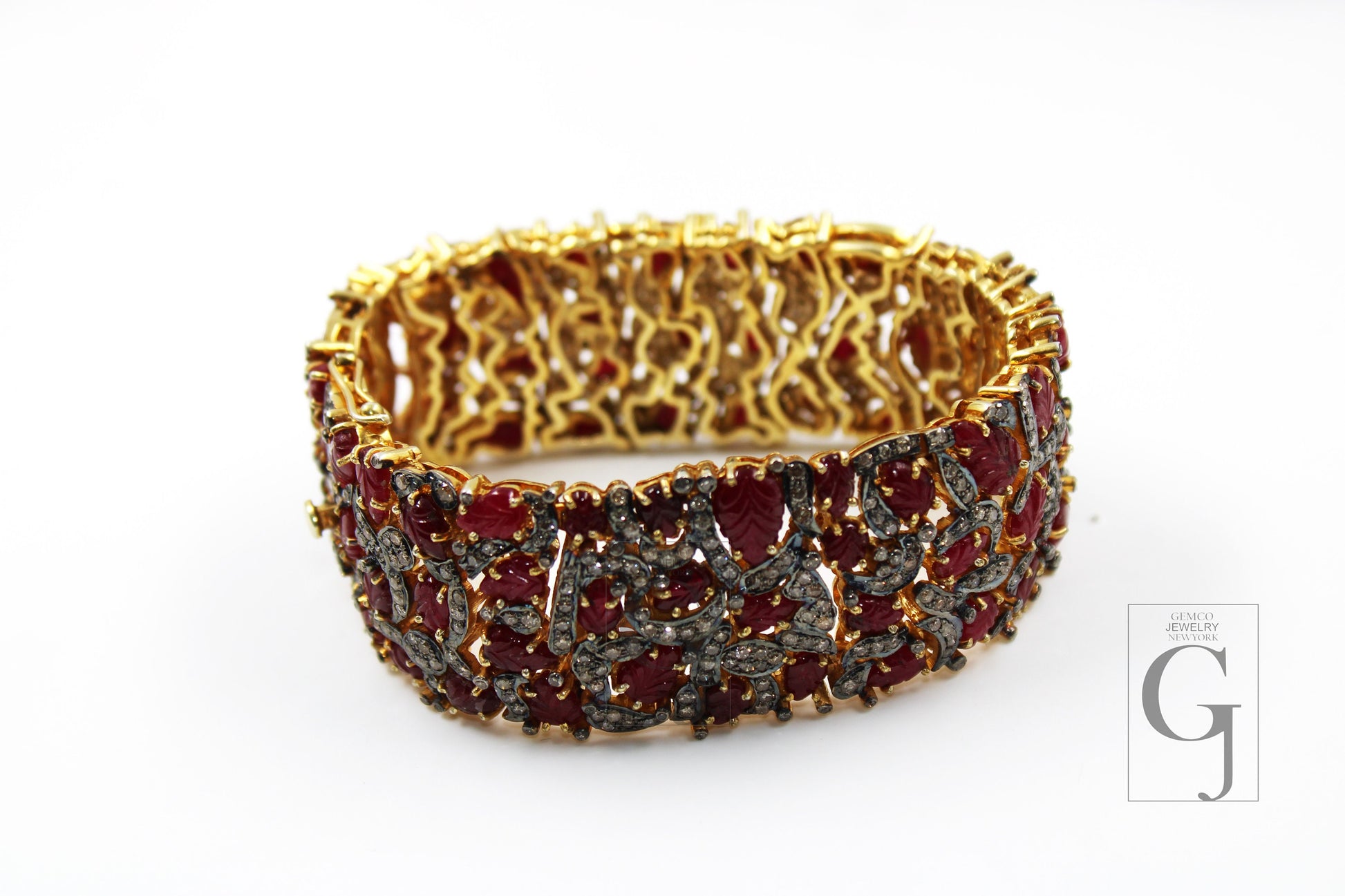 Viva magenta Natural ruby hand carved leaf 18k gold finish Rosecut pave diamond bracelet diamond bangle bracelet vintage victorian jewelery