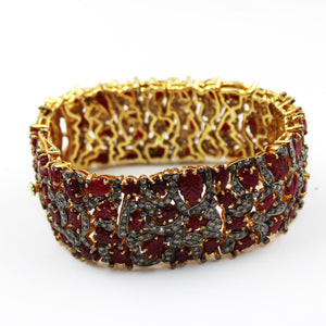 Viva magenta Natural ruby hand carved leaf 18k gold finish Rosecut pave diamond bracelet diamond bangle bracelet vintage victorian jewelery