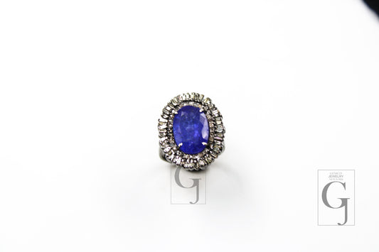 Very Beautiful AAA Quality Natural Tanzanite Ring, Baguettes Ring Designer Rosecut Pave Diamond Ring 925 Sterling Silver Handmade Ring