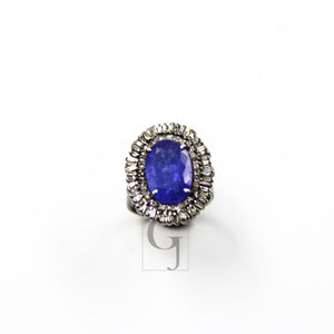 Very Beautiful AAA Quality Natural Tanzanite Ring, Baguettes Ring Designer Rosecut Pave Diamond Ring 925 Sterling Silver Handmade Ring