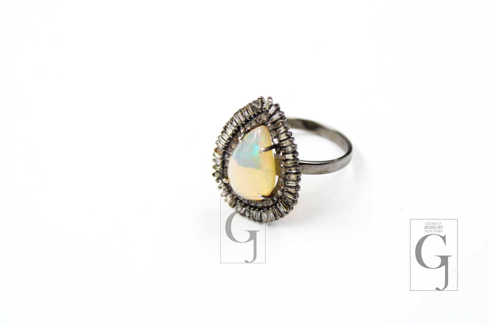 Teardrop design opal ring beautiful designer Rosecut pave diamond rings 925 sterling silver handmade silver finish diamond Baguette ring