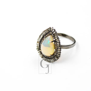 Teardrop design opal ring beautiful designer Rosecut pave diamond rings 925 sterling silver handmade silver finish diamond Baguette ring