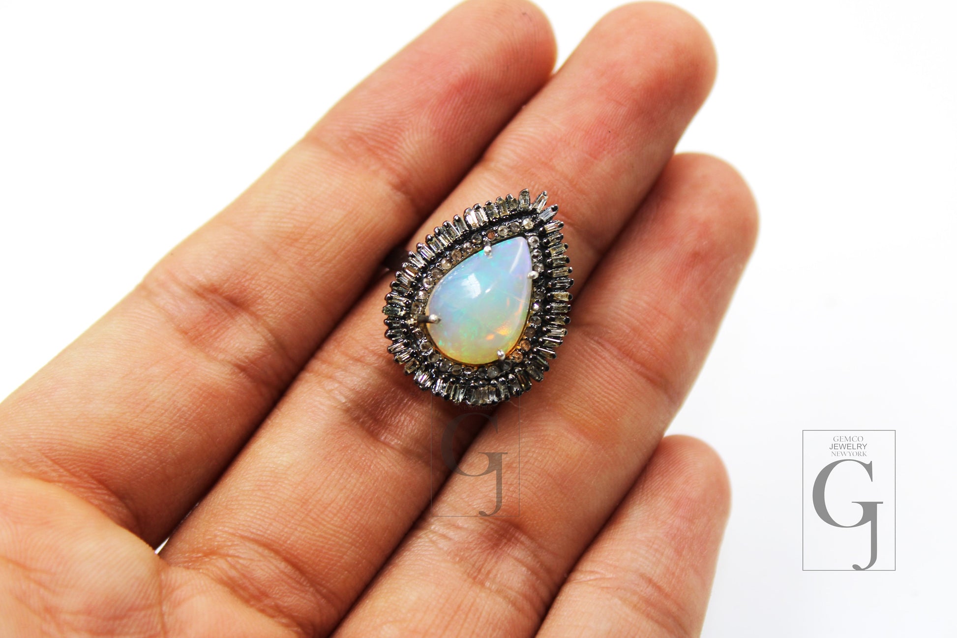 Teardrop design opal ring beautiful designer Rosecut pave diamond rings 925 sterling silver handmade silver finish diamond Baguette ring