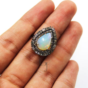 Teardrop design opal ring beautiful designer Rosecut pave diamond rings 925 sterling silver handmade silver finish diamond Baguette ring