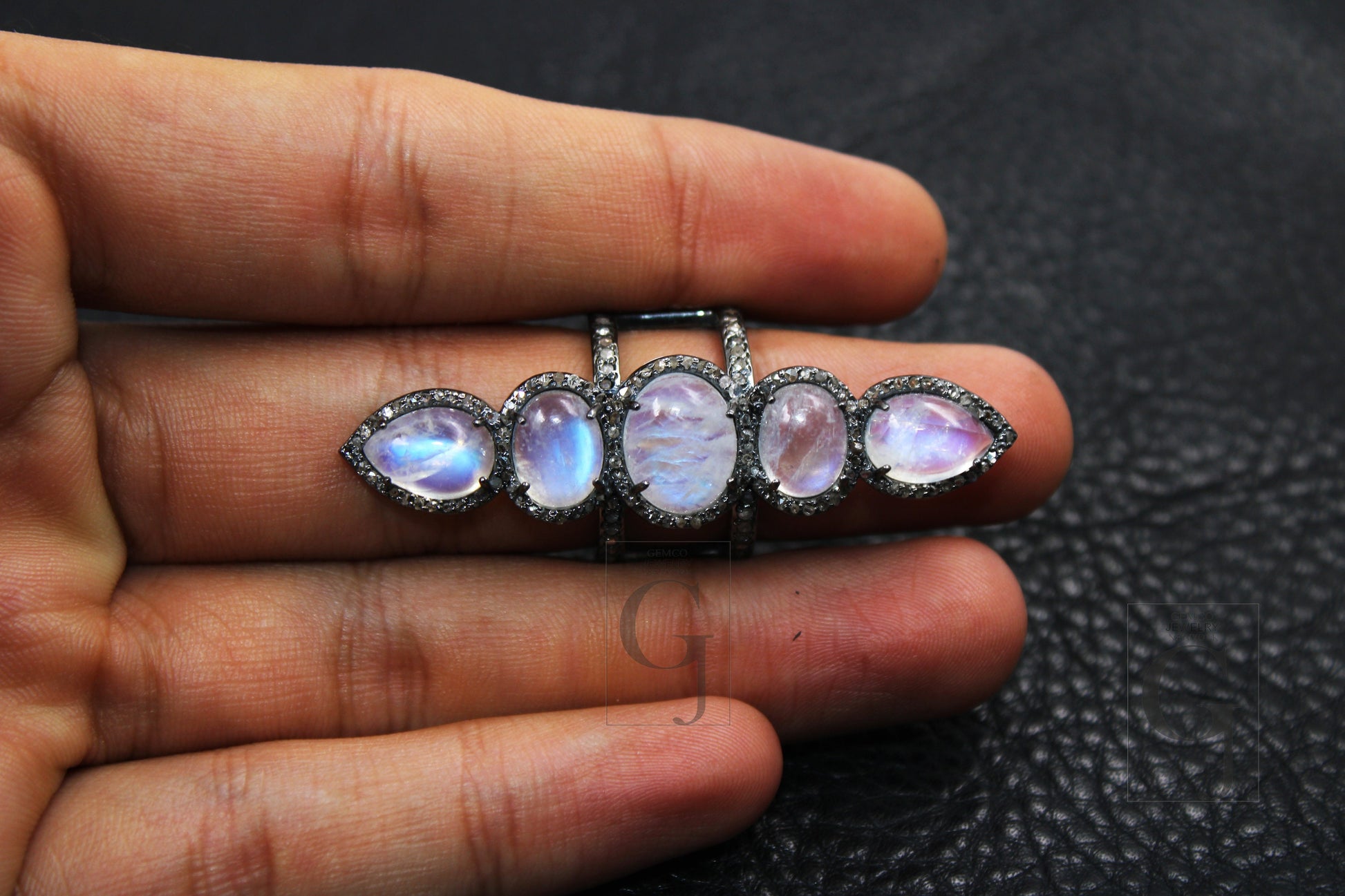 Very Beautiful Rainbow Moonstone Ring Designer Rosecut Pave Diamond Rings 925 Sterling Silver Handmade Silver Finish Diamond Ring