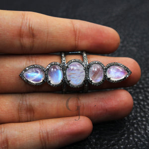 Very Beautiful Rainbow Moonstone Ring Designer Rosecut Pave Diamond Rings 925 Sterling Silver Handmade Silver Finish Diamond Ring