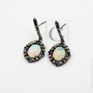 Natural opal earring designer earring Rosecut pave diamond earrings 925 sterling silver handmade silver finish diamond earring