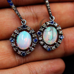 Natural opal earring designer earring Rosecut pave diamond earrings 925 sterling silver handmade silver finish diamond earring