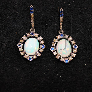 Natural opal earring designer earring Rosecut pave diamond earrings 925 sterling silver handmade silver finish diamond earring