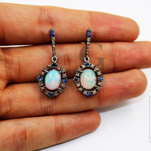 Natural opal earring designer earring Rosecut pave diamond earrings 925 sterling silver handmade silver finish diamond earring