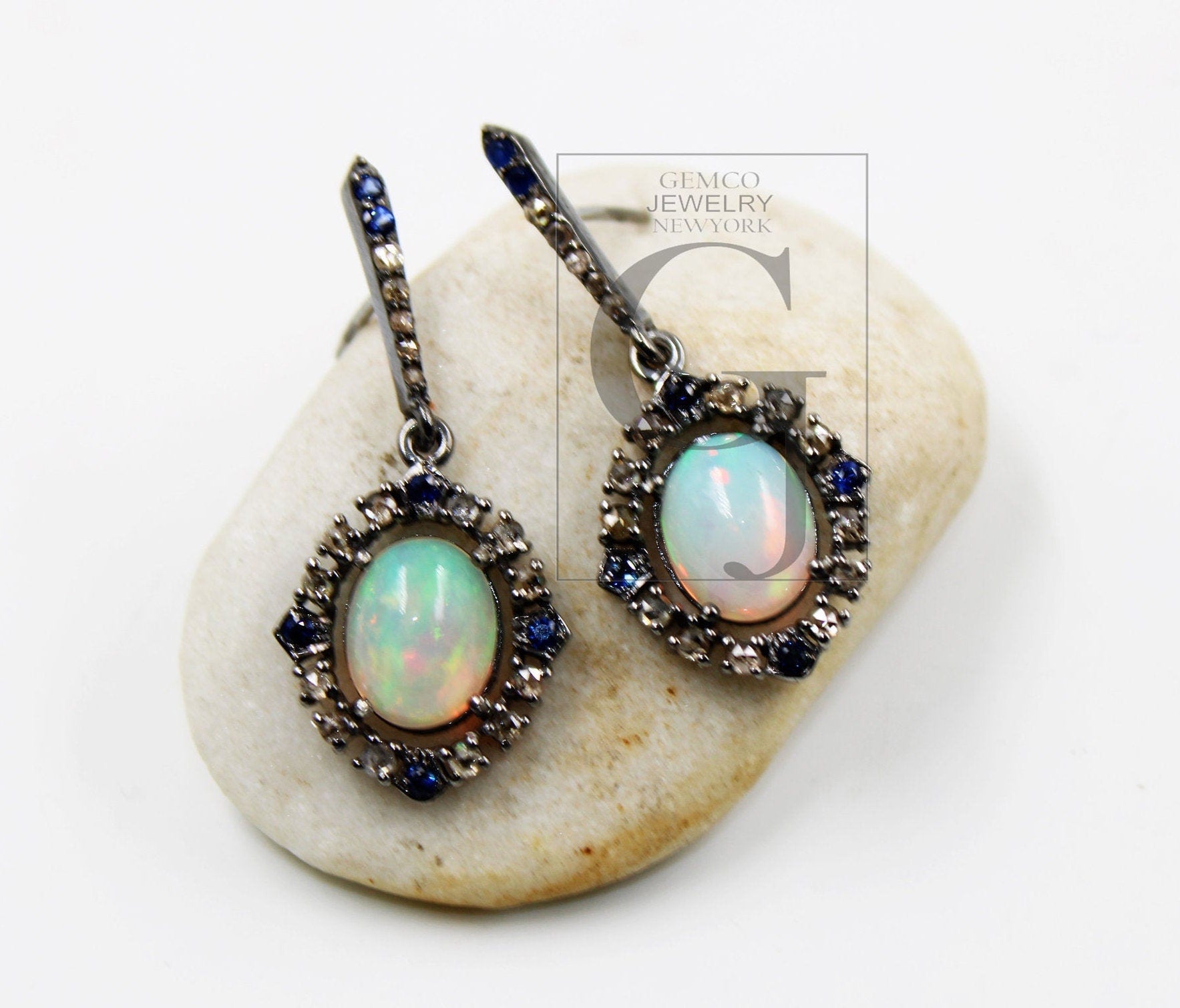 Natural opal earring designer earring Rosecut pave diamond earrings 925 sterling silver handmade silver finish diamond earring