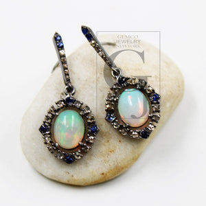 Natural opal earring designer earring Rosecut pave diamond earrings 925 sterling silver handmade silver finish diamond earring