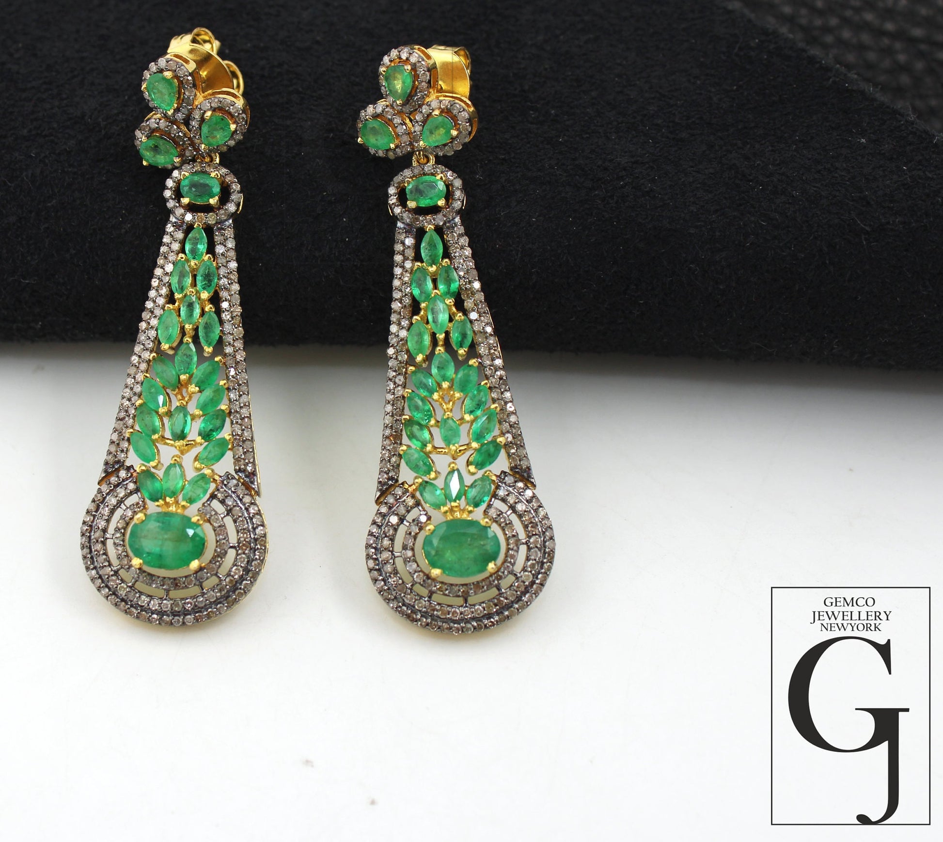 Traditional designer AAA emerald earring 14k gold Rosecut pave diamond earrings 925 sterling silver handmade silver finish diamond earring