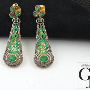 Traditional designer AAA emerald earring 14k gold Rosecut pave diamond earrings 925 sterling silver handmade silver finish diamond earring