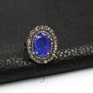 Very Beautiful AAA Quality Natural Tanzanite Ring, Baguettes Ring Designer Rosecut Pave Diamond Ring 925 Sterling Silver Handmade Ring