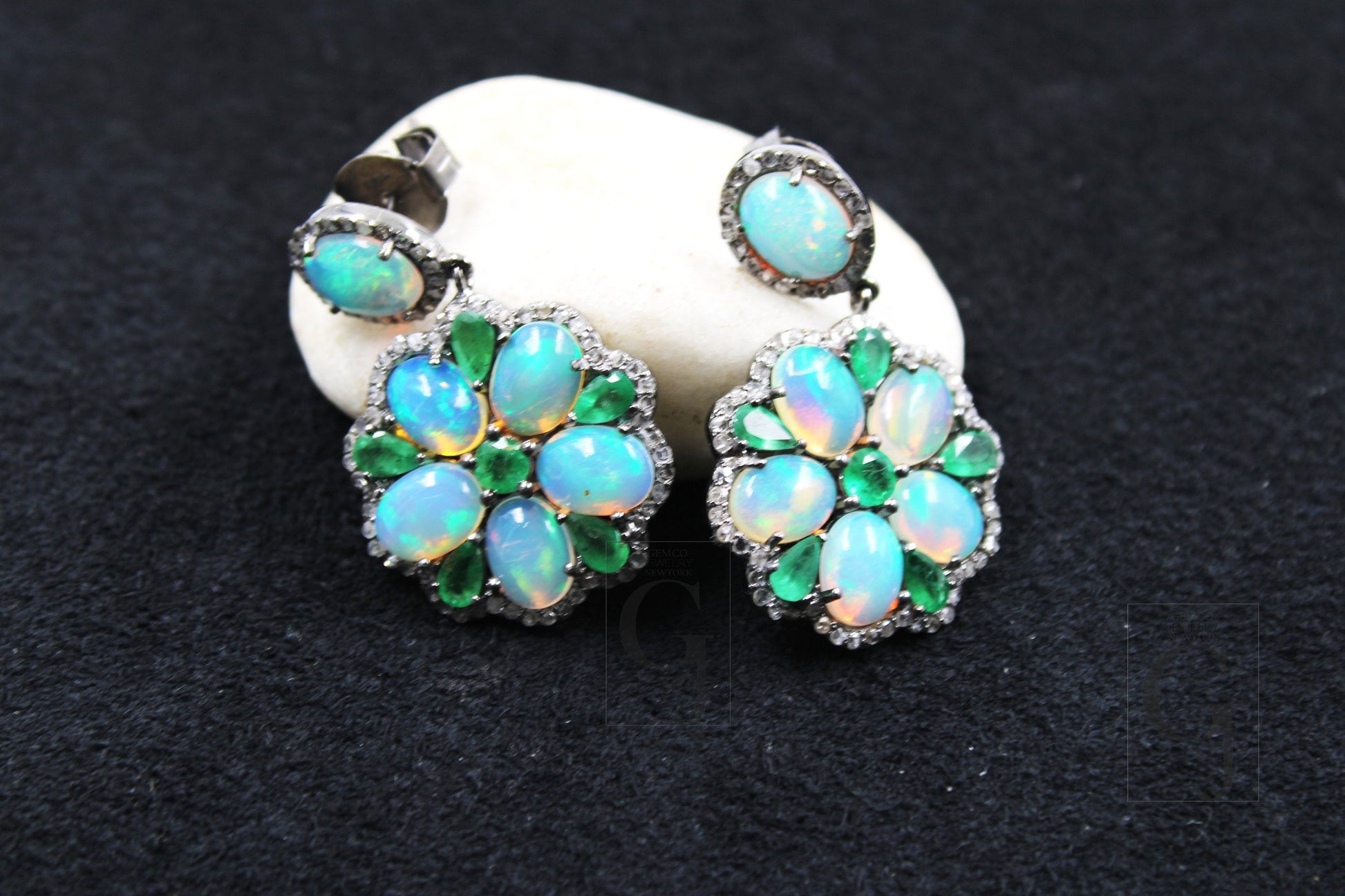 Natural opal earring designer earring Rosecut pave diamond earrings 925 sterling silver handmade silver finish diamond earring