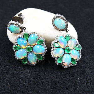 Natural opal earring designer earring Rosecut pave diamond earrings 925 sterling silver handmade silver finish diamond earring