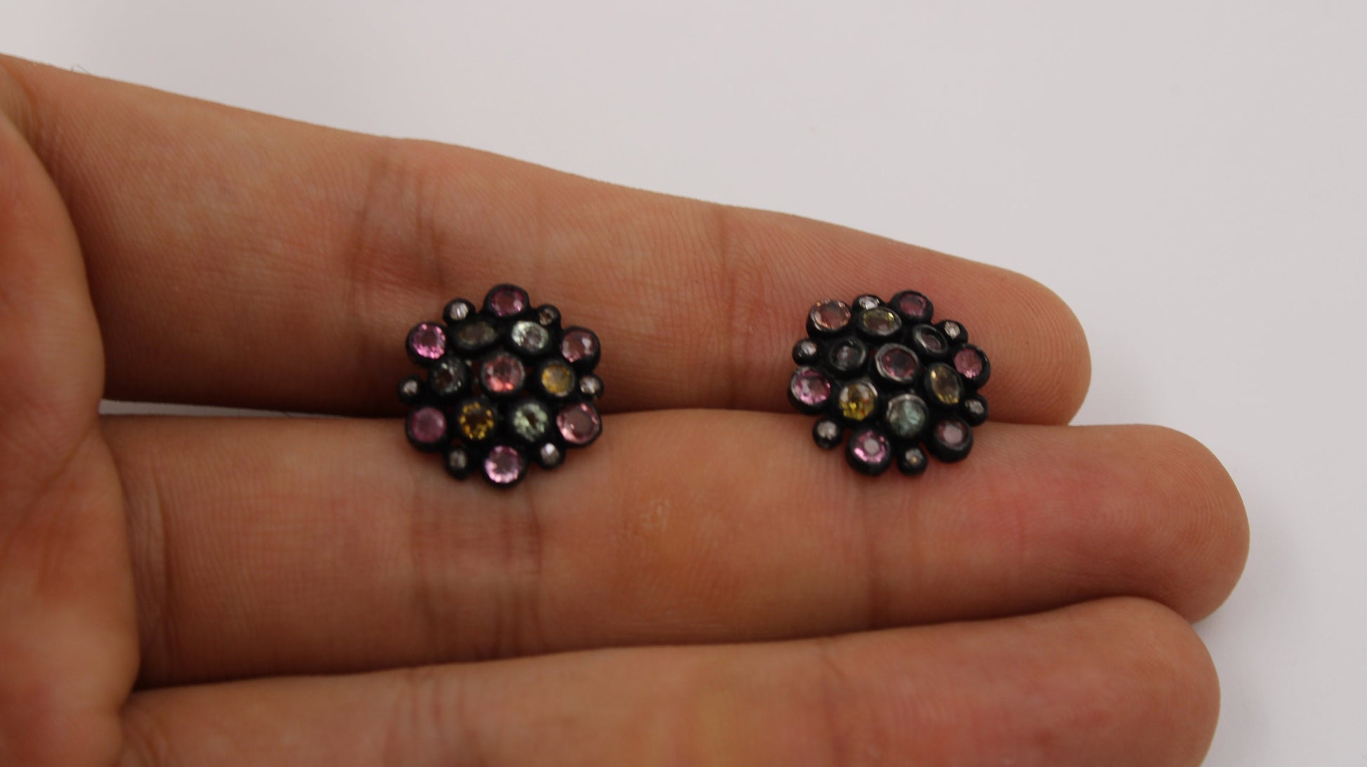 Multi Tourmaline Pave Rosecut Diamond 925 Sterling Silver Handmade Very Beautiful Tourmaline Diamond Pave Stud Earrings