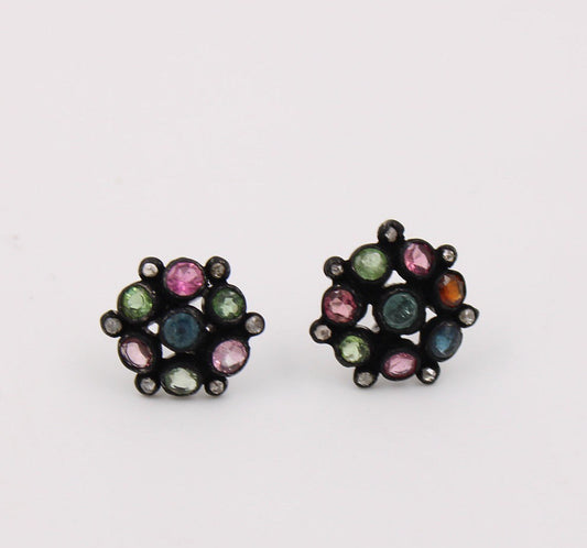 Beautiful Multi Tourmaline Pave Rosecut Diamond 925 Sterling Silver Handmade Very Beautiful Tourmaline Diamond Pave Stud Earrings