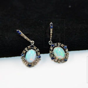 Natural opal earring designer earring Rosecut pave diamond earrings 925 sterling silver handmade silver finish diamond earring