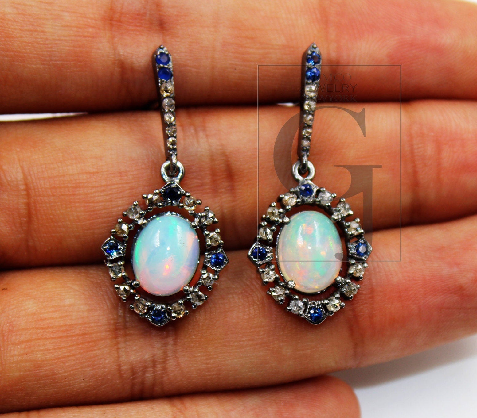 Natural opal earring designer earring Rosecut pave diamond earrings 925 sterling silver handmade silver finish diamond earring