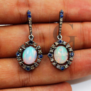 Natural opal earring designer earring Rosecut pave diamond earrings 925 sterling silver handmade silver finish diamond earring