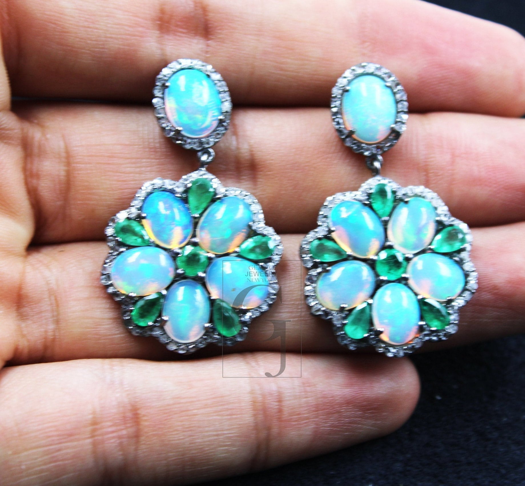 Natural opal earring designer earring Rosecut pave diamond earrings 925 sterling silver handmade silver finish diamond earring