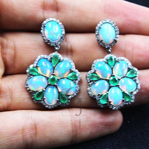 Natural opal earring designer earring Rosecut pave diamond earrings 925 sterling silver handmade silver finish diamond earring