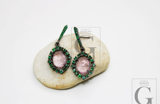 Tourmaline Earring Designer Earring Rosecut Pave Emerald Earrings 925 Sterling Silver Handmade Silver Finish Emerald Earring