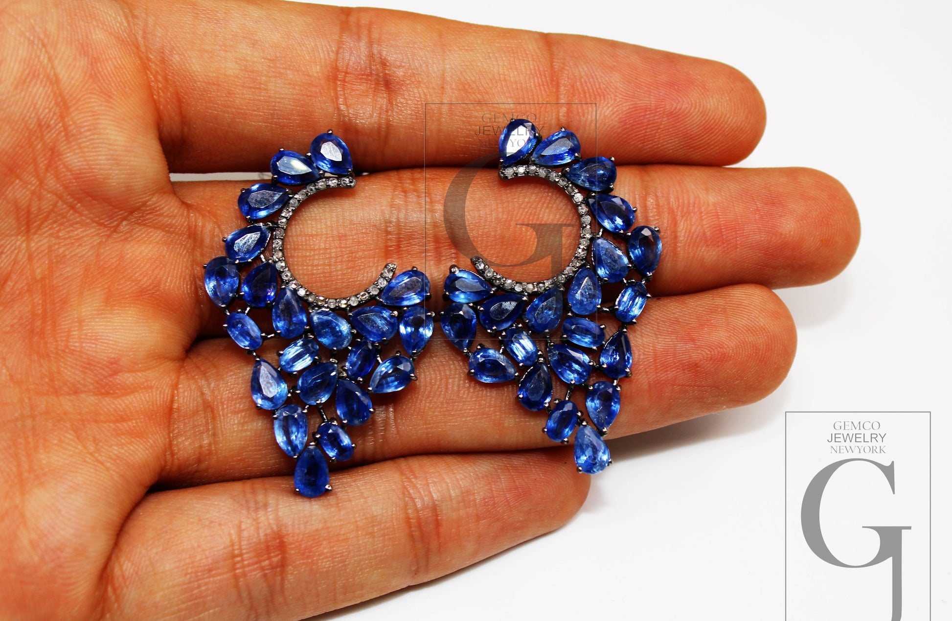 Fashionable Blue Kyanite Earring Designer Earring Rosecut Pave Diamond Earrings 925 Sterling Silver Handmade Silver Diamond Earring