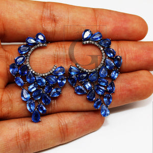 Fashionable Blue Kyanite Earring Designer Earring Rosecut Pave Diamond Earrings 925 Sterling Silver Handmade Silver Diamond Earring