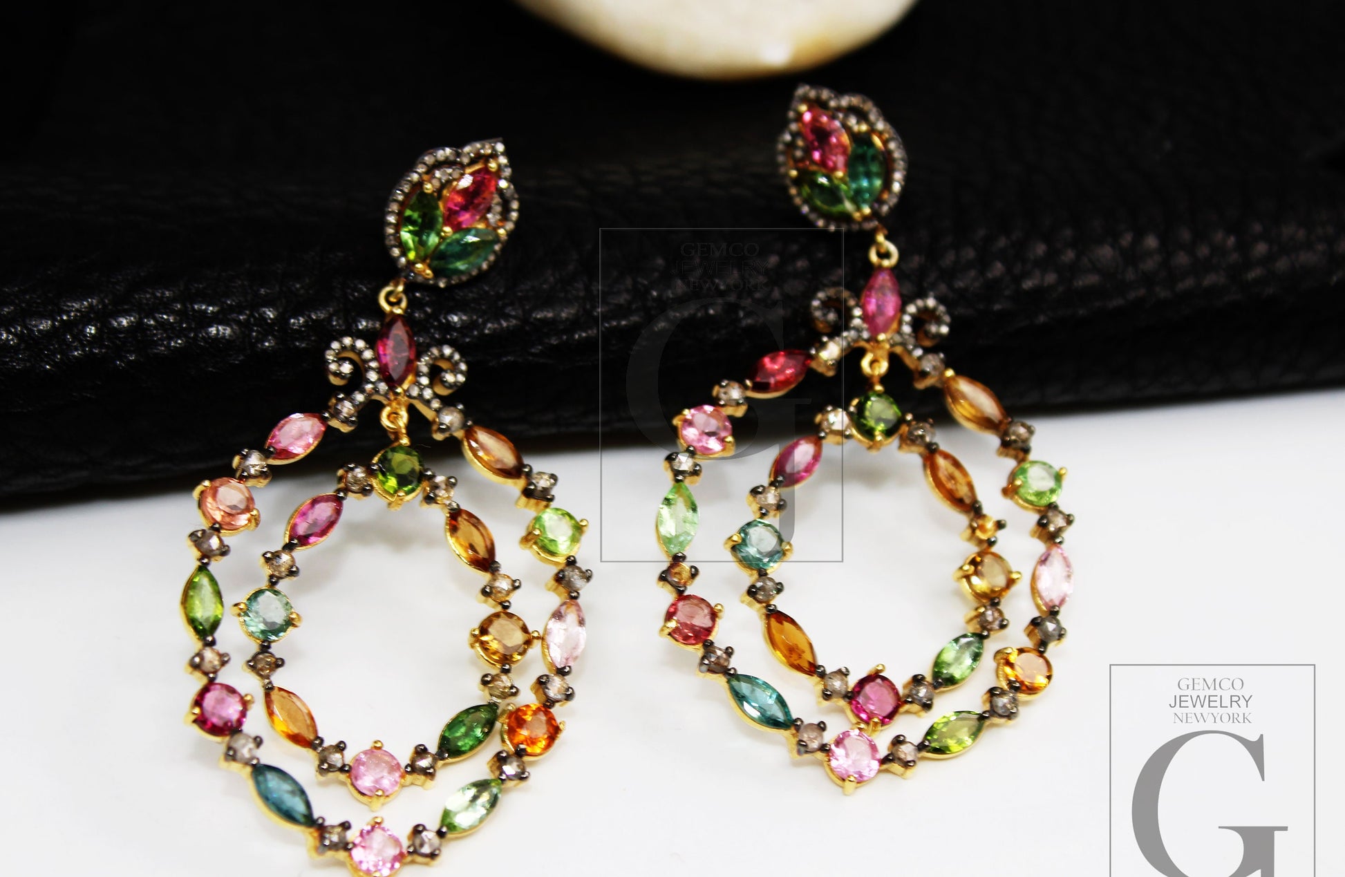 14k Gold Finish Multi Tourmaline Earring Designer Earring Rosecut Pave Diamond Earrings 925 Sterling Silver Handmade Silver Diamond Earring