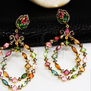 14k Gold Finish Multi Tourmaline Earring Designer Earring Rosecut Pave Diamond Earrings 925 Sterling Silver Handmade Silver Diamond Earring