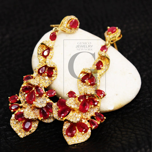 Fashionable 14k gold finish ruby earring designer earring Rosecut pave diamond earrings 925 sterling silver handmade silver diamond earring