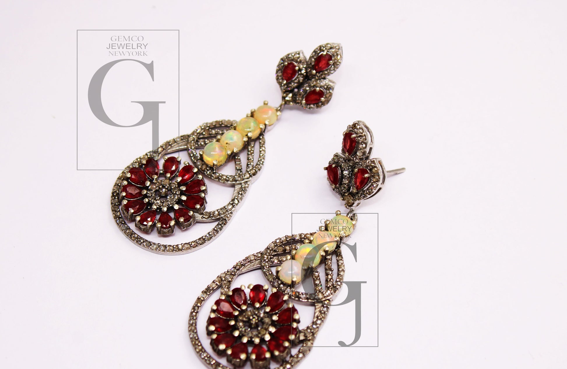 Fashionable Opal earring, red ruby earring designer Rosecut pave diamond earrings 925 sterling silver handmade silver finish diamond earring