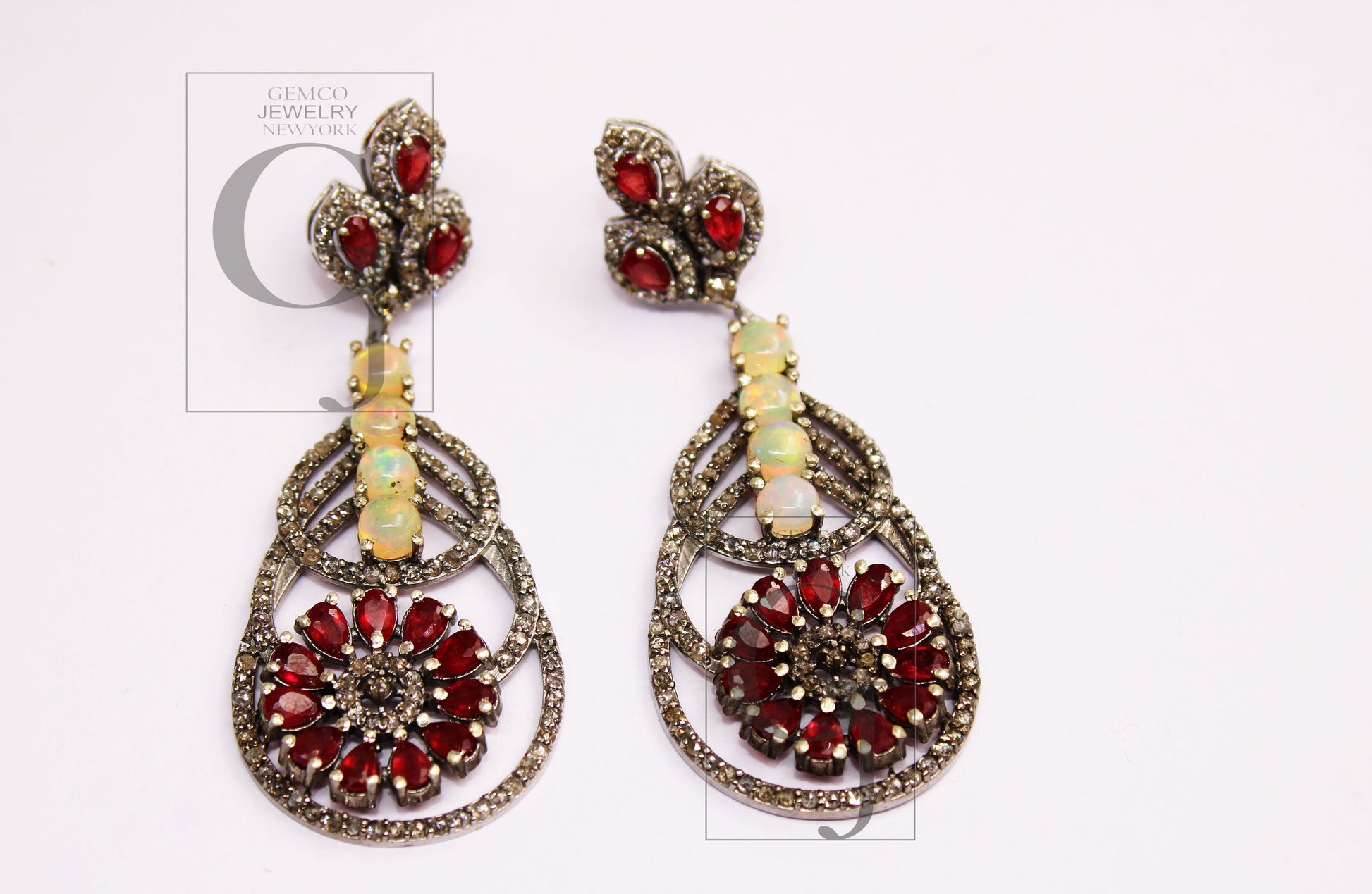 Fashionable Opal earring, red ruby earring designer Rosecut pave diamond earrings 925 sterling silver handmade silver finish diamond earring