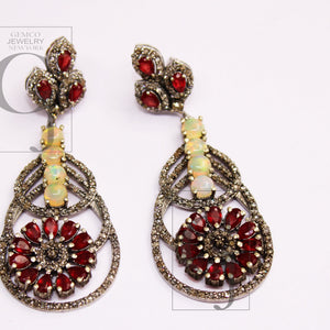 Fashionable Opal earring, red ruby earring designer Rosecut pave diamond earrings 925 sterling silver handmade silver finish diamond earring