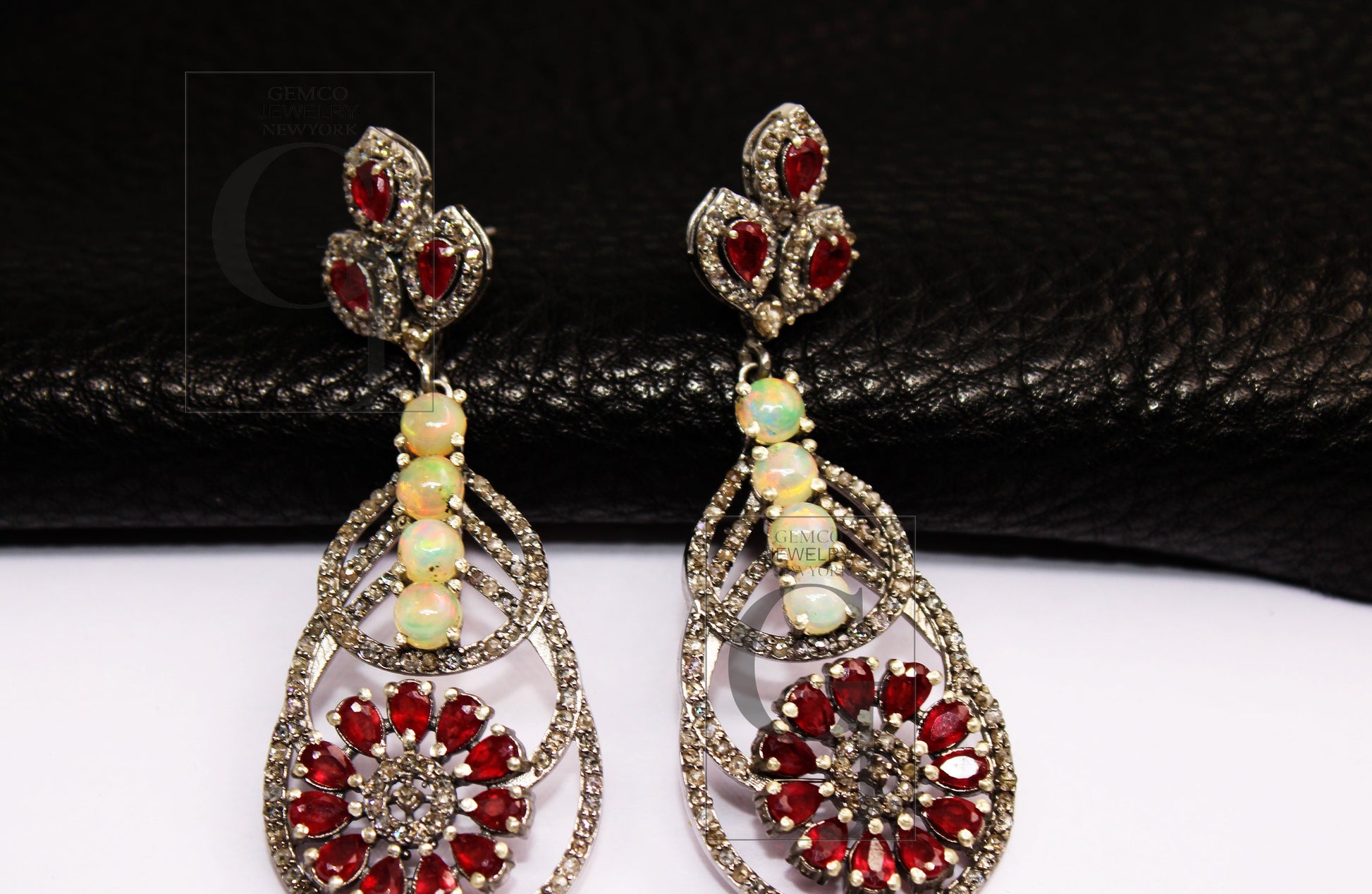 Fashionable Opal earring, red ruby earring designer Rosecut pave diamond earrings 925 sterling silver handmade silver finish diamond earring