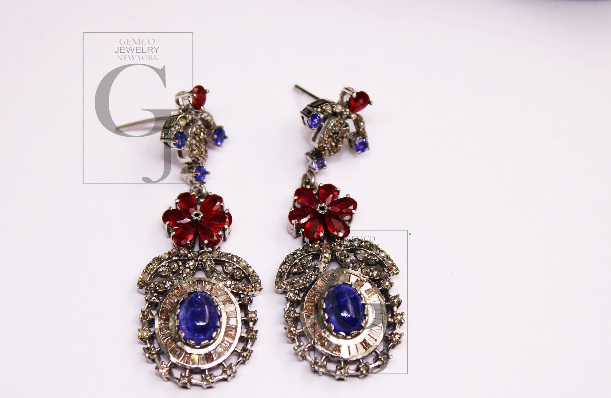 Natural Tanzanite earring ruby earring Rosecut pave diamond earrings 925 sterling silver handmade silver finish baguette diamond earring